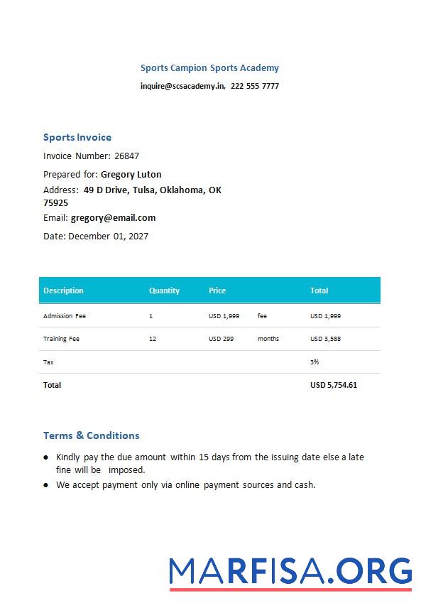 Printable Free Sports Invoice Template